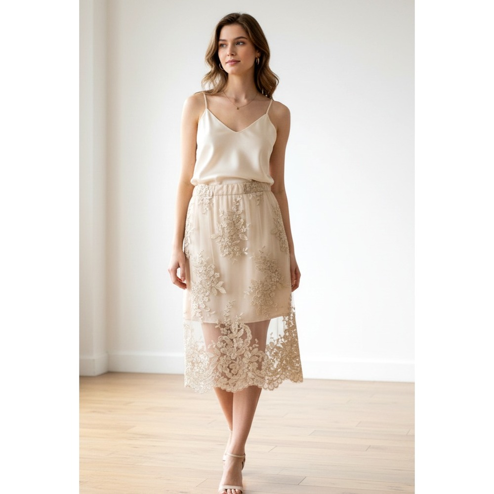 NEW Seek The Label S Skirt Lace Gold Beige Pencil Cocktail Party Coquette Fairy